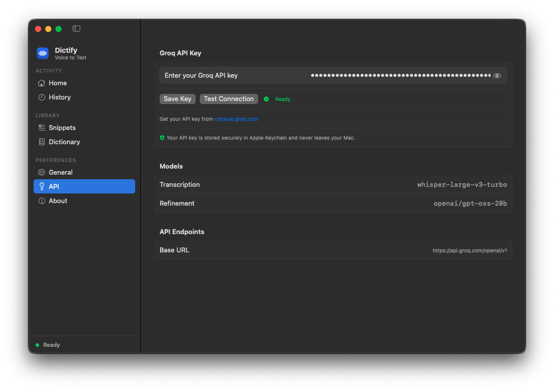 Dictify API settings: Groq API key stored in Keychain with Test Connection button