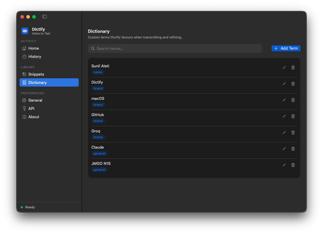 Dictify Dictionary tab: custom terms, names, brands, and acronyms that bias recognition