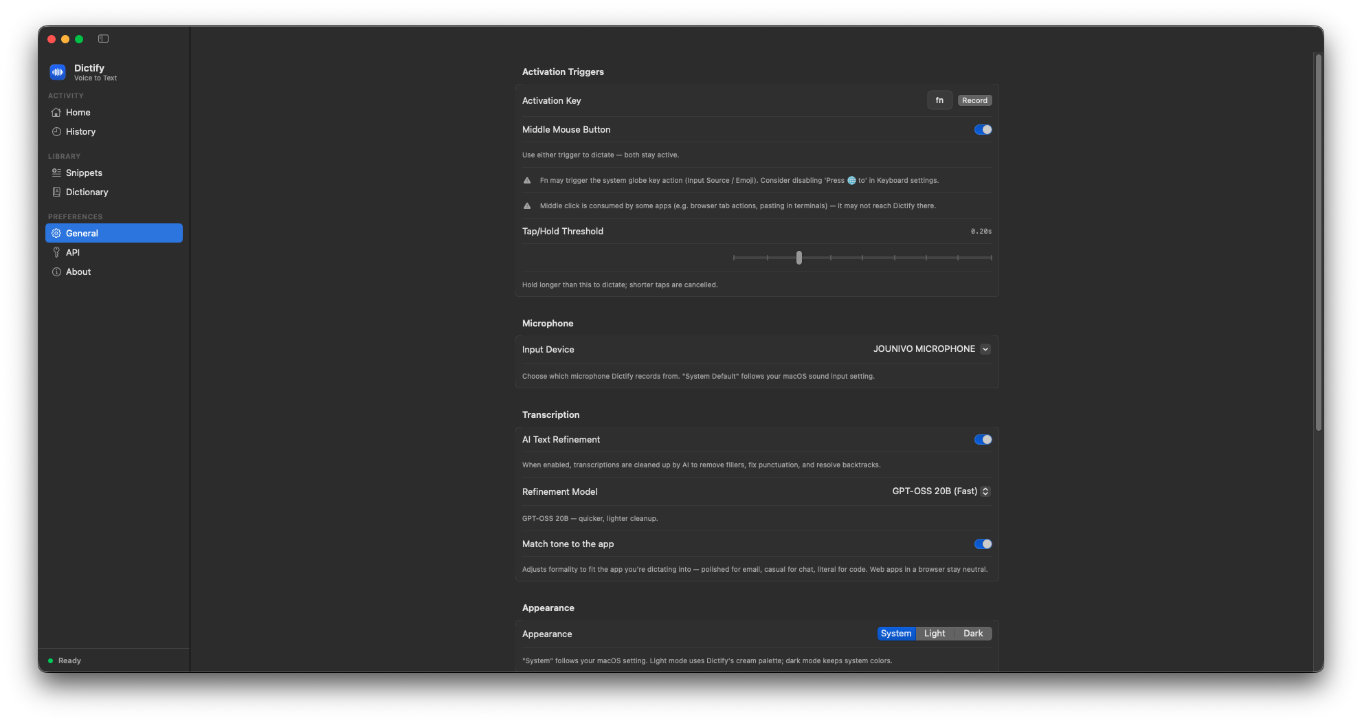 Dictify General settings: activation triggers, tap-vs-hold threshold, refinement model, and match-tone-to-the-app toggle