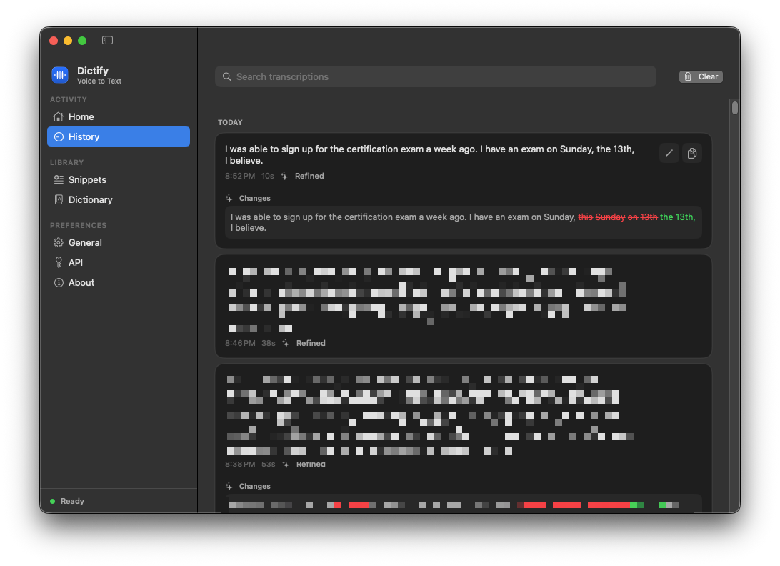 Dictify History tab: searchable daily transcriptions with word-level before/after diffs of AI changes