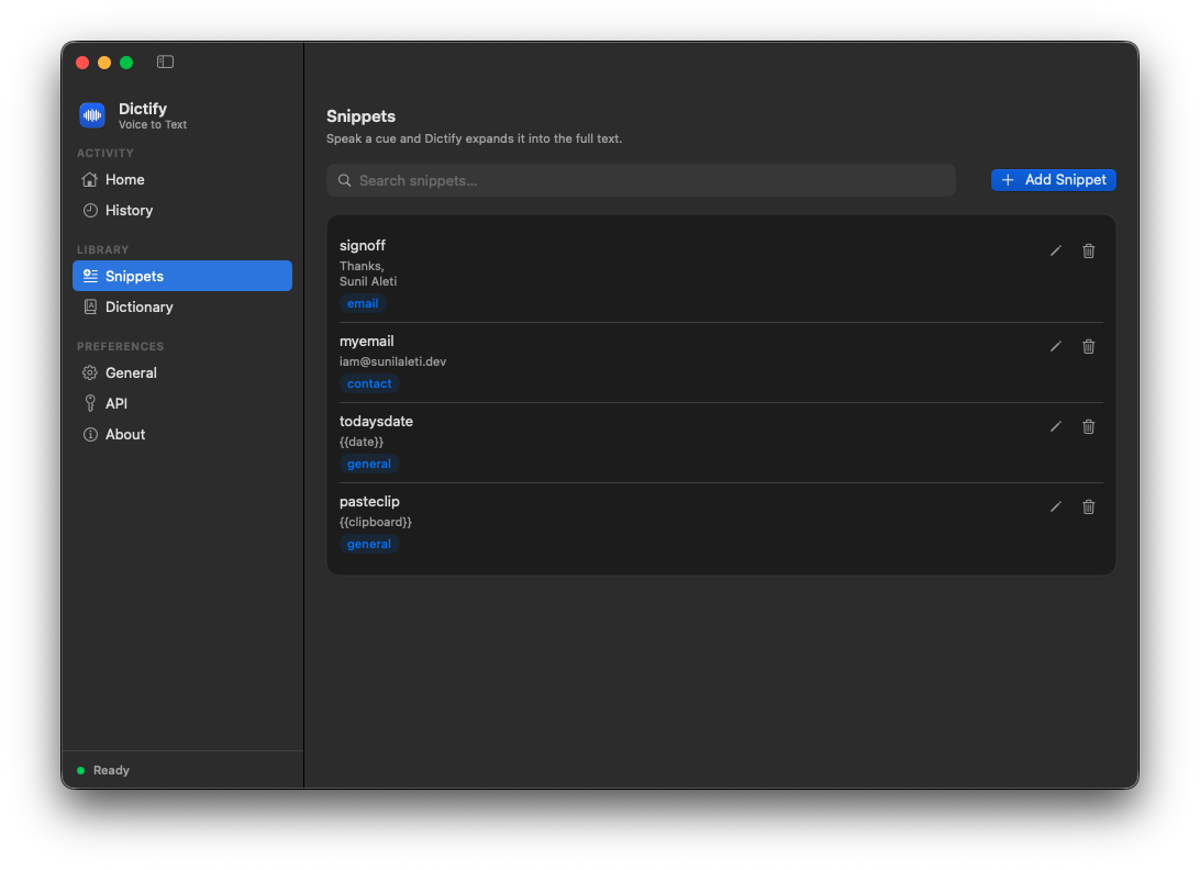 Dictify Snippets tab: spoken triggers organized by category that expand into full text